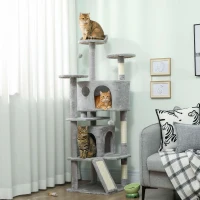 PawHut 54" Cat Tree, Multi-Level Cat Tower with Scratching Posts, Cat Condos, Bed, Platforms, Ramp, Toy Ball, Light Grey(m-8)