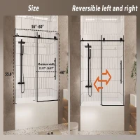Frameless Sliding Shower Door with Smooth Quiet Stainless Steel Rollers & Round Tracks, Panel for Bathroom, 60" L x 0.5" W x 60" H, Matte Black(m-3)