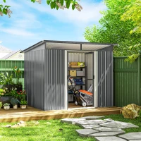 Outsunny 9' x 6.5' Outdoor Metal Garden Shed Utility Tool Storage Steel Backyard House, Light Grey(m-8)