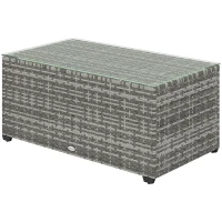 Outsunny Wicker Outdoor Coffee Table, PE Wicker Rectangular Patio Table with Tempered Glass Top for Garden, Balcony, Light Grey(m-2)