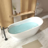 59" Special-Shaped Freestanding Slipper Bathtub with Chrome Overflow, Soaking Tub with Pop-Up Drain, 59" L x 30" W x 27.5" H, White(m-1)
