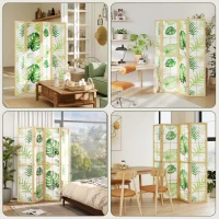 HOMCOM 4 Panel Folding Privacy Screen, 67" Room Divider with Palm Leaf Design for Living Room Bedroom, Natural and Green(m-9)