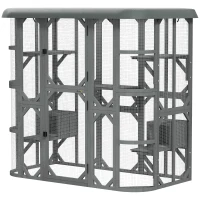 PawHut Catio Outdoor Cat Enclosure, 71" Wooden Cat House with Platforms, Condos and Waterproof Cover for 2–3 Kittens, Grey(m-2)