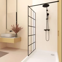 Framed Glass Shower Screen with Safety Film and Tempered Glass, Door with Stainless Steel Support Rod, 34" L x 0.5" W x 72" H, Matte Black(m-8)