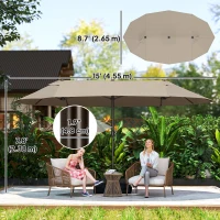 Outsunny 15' Outdoor Patio Umbrella with Twin Canopy Sunshade Steel Table Umbrella w/ Lift Crank, Cross base, Sandbag, Brown(m-3)