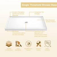 32" x 48" Shower Base with Durable No-Flex Construction, Acrylic 3-Wall Alcove Shower Pan with Center Drain, 48" L x 32" W x 3" H, Gloss White(m-9)