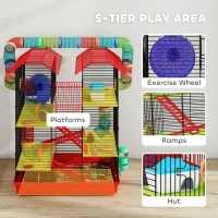 PawHut 18.5" Hamster Cage, 5 Tiers Small Animal House with Tunnel Tube System, Exercise Wheel, Water Bottle, Red(m-4)