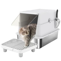 PawHut Extra Large Stainless Steel Cat Litter Box for Big Cats with Flip Cover, High-Sided Enclosure & Scoop(m-11)
