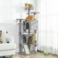 PawHut 54" Cat Tree, Multi-Level Cat Tower with Scratching Posts, Cat Condos, Bed, Platforms, Ramp, Toy Ball, Light Grey(m-1)