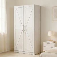 HOMCOM Wardrobe Cabinet with 2 Barn Doors and Hanging Rod, Farmhouse Armoire Wardrobe Closet for Bedroom, White Wood Effect(m-10)
