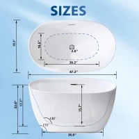 47" Acrylic Freestanding Oval Soaking Bathtub with High-Gloss Finish, Freestanding Tub with Flexible Drain Hose, 47" L x 28" W x 24" H, Gloss White(m-3)