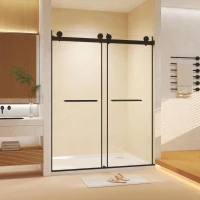 Frameless Double Sliding Shower Door with Silent Rollers, Bathroom Door with Square Tube Track, 60" L x 0.5" W x 74" H, Matte Black(m-12)