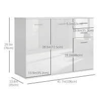 HOMCOM High Gloss Sideboard with 2 Drawers and 3 Doors, Buffet Cabinet with Adjustable Shelf, Coffee Bar Cabinet with Storage, White(m-3)