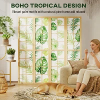 HOMCOM 4 Panel Folding Privacy Screen, 67" Room Divider with Palm Leaf Design for Living Room Bedroom, Natural and Green(m-5)