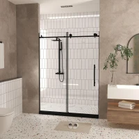 Frameless Sliding Shower Door with Explosion-Proof Film and Smooth Stainless Steel Rollers, Panel for Bathroom, 60" L x 0.5" W x 76" H, Matte Black(m-9)