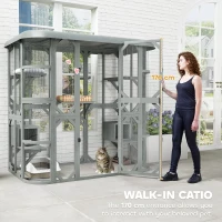 PawHut Catio Outdoor Cat Enclosure, 71" Wooden Cat House with Platforms, Condos and Waterproof Cover for 2–3 Kittens, Grey(m-5)