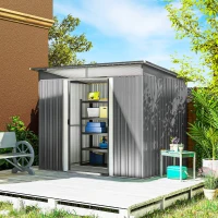 Outsunny 9' x 6.5' Outdoor Metal Garden Shed Utility Tool Storage Steel Backyard House, Light Grey(m-1)