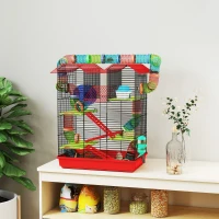 PawHut 18.5" Hamster Cage, 5 Tiers Small Animal House with Tunnel Tube System, Exercise Wheel, Water Bottle, Red(m-1)