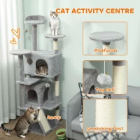 PawHut 54" Cat Tree, Multi-Level Cat Tower with Scratching Posts, Cat Condos, Bed, Platforms, Ramp, Toy Ball, Light Grey(m-4)