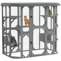 PawHut Catio Outdoor Cat Enclosure, 71" Wooden Cat House with Platforms, Condos and Waterproof Cover for 2–3 Kittens, Grey(m-11)