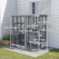 PawHut Catio Outdoor Cat Enclosure, 71" Wooden Cat House with Platforms, Condos and Waterproof Cover for 2–3 Kittens, Grey(m-3)