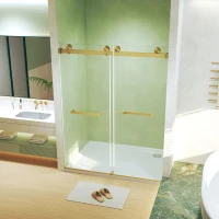 Frameless Double Sliding Shower Door with Silent Rollers, Bathroom Door with Square Tube Track, 60" L x 0.5" W x 74" H, Brushed Gold(m-1)