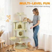 PawHut 62" Cat Tree with Scratching Post, 2 Condos, Hammock, Perches, Plush, Pompoms, for Indoor Cats, Beige(m-4)