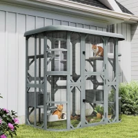 PawHut Catio Outdoor Cat Enclosure, 71" Wooden Cat House with Platforms, Condos and Waterproof Cover for 2–3 Kittens, Grey(m-8)
