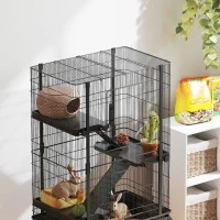 PawHut 47"H Ferret Cage, Large 4-Tier Guinea Pig Cage with Wheels, Ramps, Bowl, Water Bottle & Removable Tray, Black(m-9)