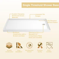 32" x 60" Shower Base with Durable Non-Flex Construction, Acrylic 3-Wall Alcove Shower Pan with Right Drain, 60" L x 32" W x 3" H, Gloss White(m-8)