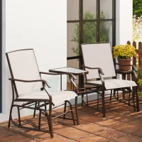 Outsunny Double Patio Glider Chair with Glass Top Center Table, Outdoor Glider Loveseat with High Back,  All Weather Breathable Mesh Fabric for Garden, Backyard, Deck, Beige(m-10)