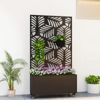 Outsunny Metal Planter Box with Trellis, Raised Garden Bed with Monstera Leaf Cut-Out Privacy Screen and Wheels(m-1)