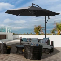 Outsunny 9.7ft Offset Patio UmbrellaCantilever Parasol with Crank Handle, 8 Ribs and Cross Base for Outdoor, Sun Shade, Black(m-8)