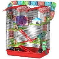 PawHut 18.5" Hamster Cage, 5 Tiers Small Animal House with Tunnel Tube System, Exercise Wheel, Water Bottle, Red(m-2)