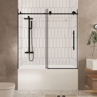 Frameless Sliding Shower Door with Smooth Quiet Stainless Steel Rollers & Round Tracks, Panel for Bathroom, 60" L x 0.5" W x 60" H, Matte Black(m-1)
