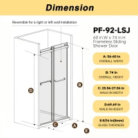 Frameless Double Sliding Shower Door with Silent Rollers, Bathroom Door with Square Tube Track, 60" L x 0.5" W x 74" H, Brushed Gold(m-3)