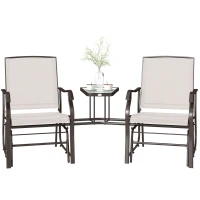 Outsunny Double Patio Glider Chair with Glass Top Center Table, Outdoor Glider Loveseat with High Back,  All Weather Breathable Mesh Fabric for Garden, Backyard, Deck, Beige(m-11)