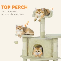 PawHut 62" Cat Tree with Scratching Post, 2 Condos, Hammock, Perches, Plush, Pompoms, for Indoor Cats, Beige(m-6)