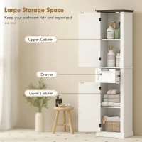 HOMCOM 65" Tall Bathroom Storage Cabinet, Freestanding Farmhouse Slim Bathroom Cabinet with 2 Doors, Shelves and Drawer, White(m-4)