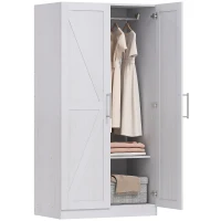 HOMCOM Wardrobe Cabinet with 2 Barn Doors and Hanging Rod, Farmhouse Armoire Wardrobe Closet for Bedroom, White Wood Effect(m-11)