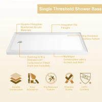 32" x 60" Acrylic Shower Base with Rigid No-Flex Construction, 3-Wall Alcove Shower Pan with Left Drain, 60" L x 32" W x 3" H, Gloss White(m-9)