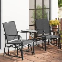 Outsunny Double Patio Glider Chair with Glass Top Center Table, Outdoor Glider Loveseat with High Back,  All Weather Breathable Mesh Fabric for Garden, Backyard, Deck, Black(m-10)