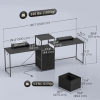 HOMCOM 96 Inch Gaming Desk, Dual Computer Desk for 2 Person with Power Outlets and Monitor Stands, Black(m-3)