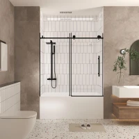 Frameless Sliding Shower Door with Smooth Quiet Stainless Steel Rollers & Round Tracks, Panel for Bathroom, 60" L x 0.5" W x 60" H, Matte Black(m-10)