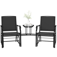 Outsunny Double Patio Glider Chair with Glass Top Center Table, Outdoor Glider Loveseat with High Back,  All Weather Breathable Mesh Fabric for Garden, Backyard, Deck, Black(m-11)
