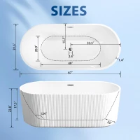 67" Freestanding Soaking Tub with Vertical Pleated Exterior, Bathtub with Chrome Pop-Up Toe-Tap Drain, 67" L x 31.5" W x 23" H, Gloss White(m-3)