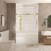 Frameless Sliding Shower Door with Smooth Quiet Stainless Steel Rollers & Round Tracks, Panel for Bathroom, 60" L x 0.5" W x 60" H, Brushed Gold(m-9)