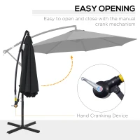 Outsunny 9.7ft Offset Patio UmbrellaCantilever Parasol with Crank Handle, 8 Ribs and Cross Base for Outdoor, Sun Shade, Black(m-4)