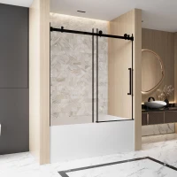 Frameless Sliding Shower Door with Smooth Quiet Stainless Steel Rollers & Round Tracks, Panel for Bathroom, 60" L x 0.5" W x 60" H, Matt Black(m-8)