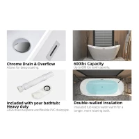 59" Freestanding Acrylic Tub with Adjustable Leveling Feet, Bathtub with Pop‑Up Drain & Chrome Overflow, 59" L x 29.5" W x 26" H, Gloss White(m-10)